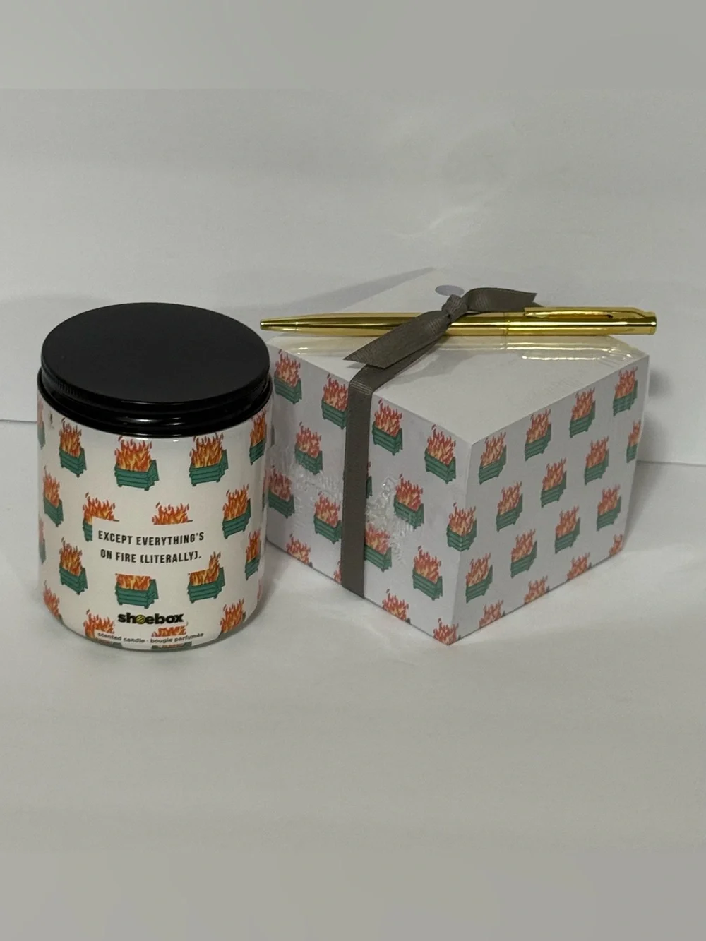 Hallmark Shoebox Dumpster Fire Candle and Tower of Notes Pen Set NWT